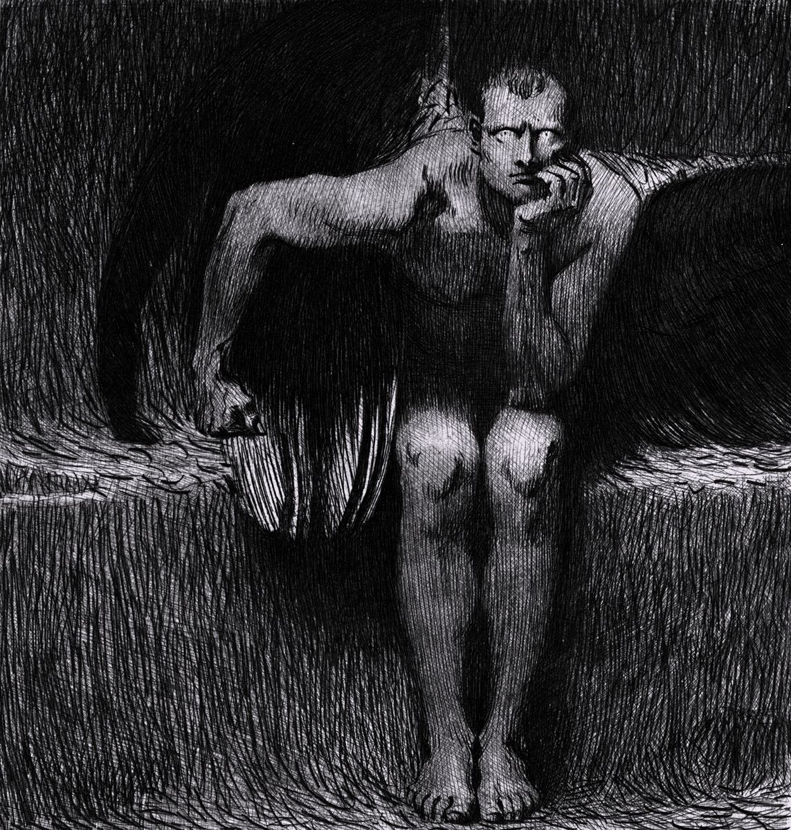 A seated, naked figure, chin on his fist, staring out of the dark, printed in negative.